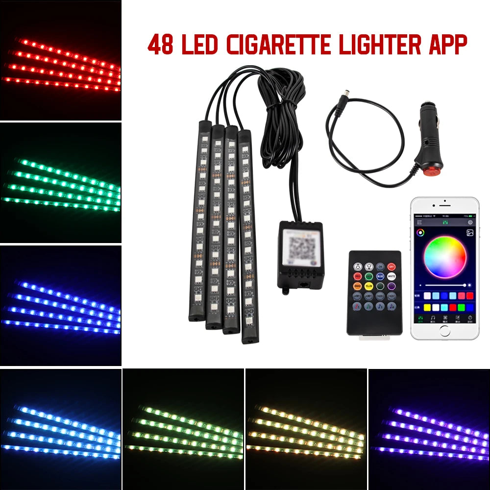 Neon LED Car Interior Ambient Foot Light Wireless Remote Music APP Control