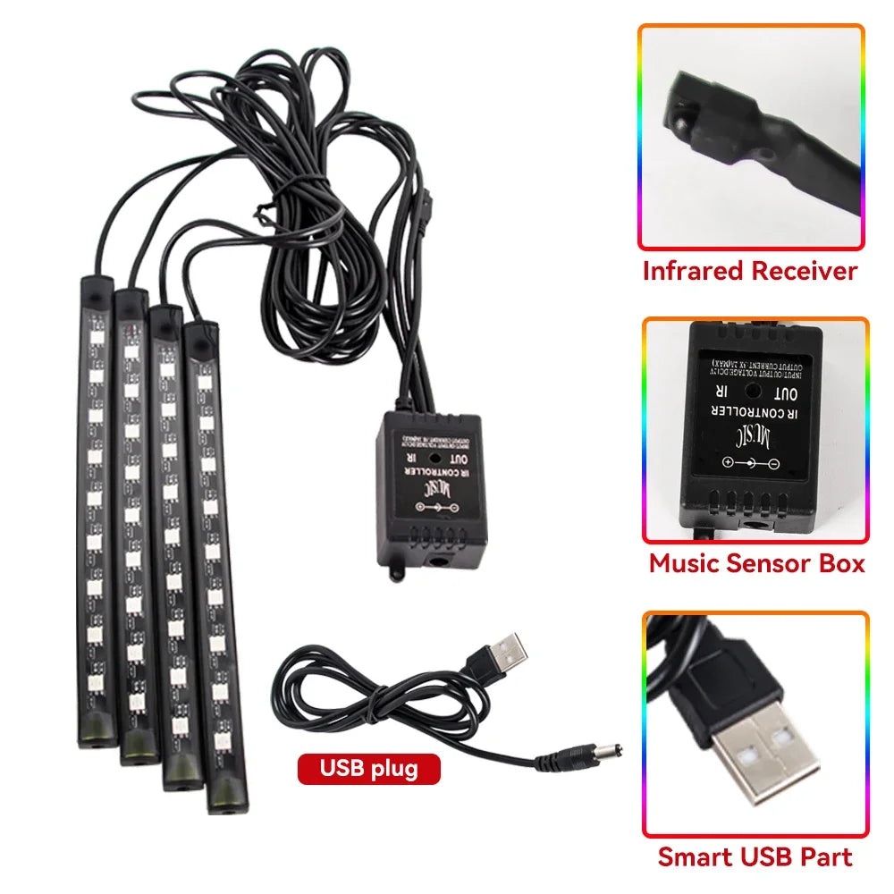 Neon LED Car Interior Ambient Foot Light Wireless Remote Music APP Control