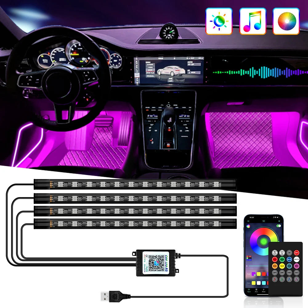 Neon LED Car Interior Ambient Foot Light Wireless Remote Music APP Control