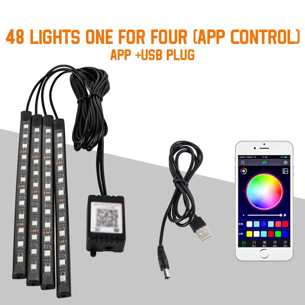Neon LED Car Interior Ambient Foot Light Wireless Remote Music APP Control