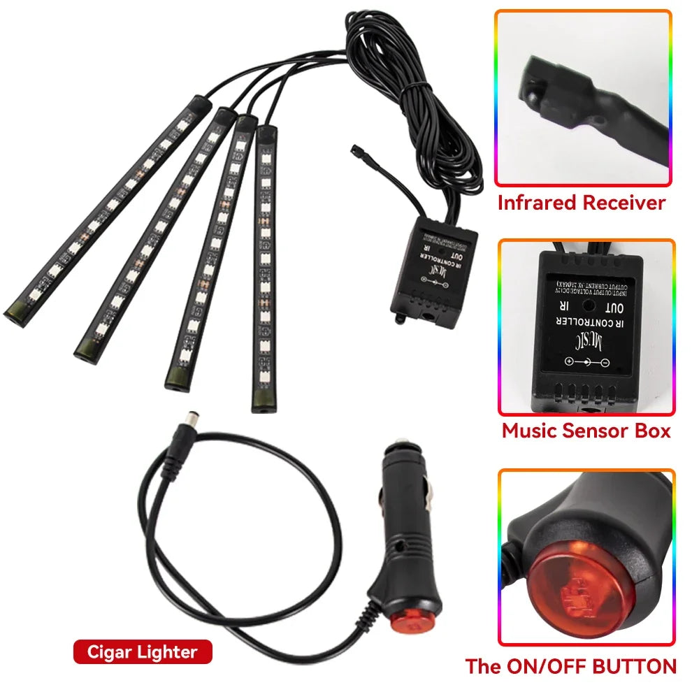 Neon LED Car Interior Ambient Foot Light Wireless Remote Music APP Control