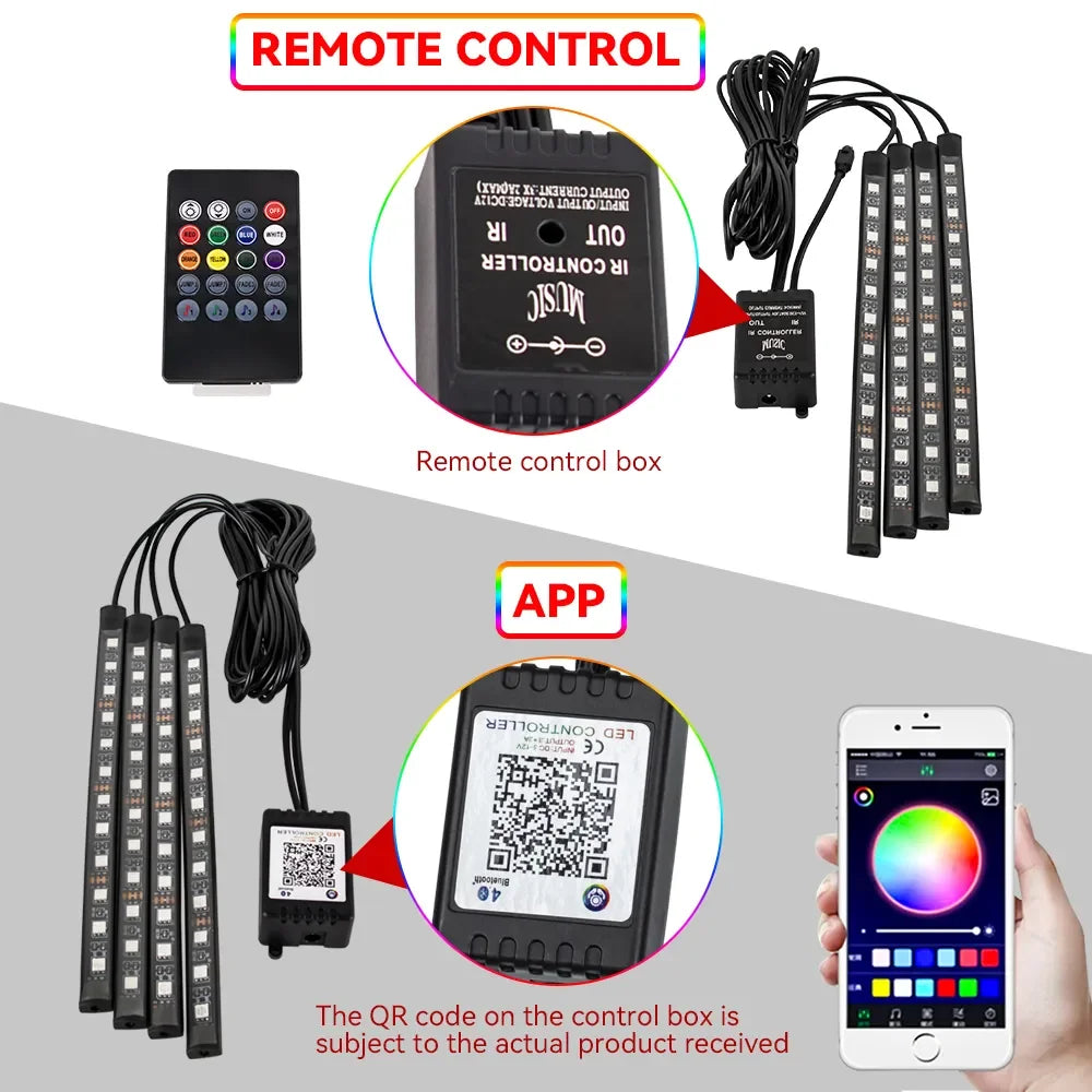 Neon LED Car Interior Ambient Foot Light Wireless Remote Music APP Control