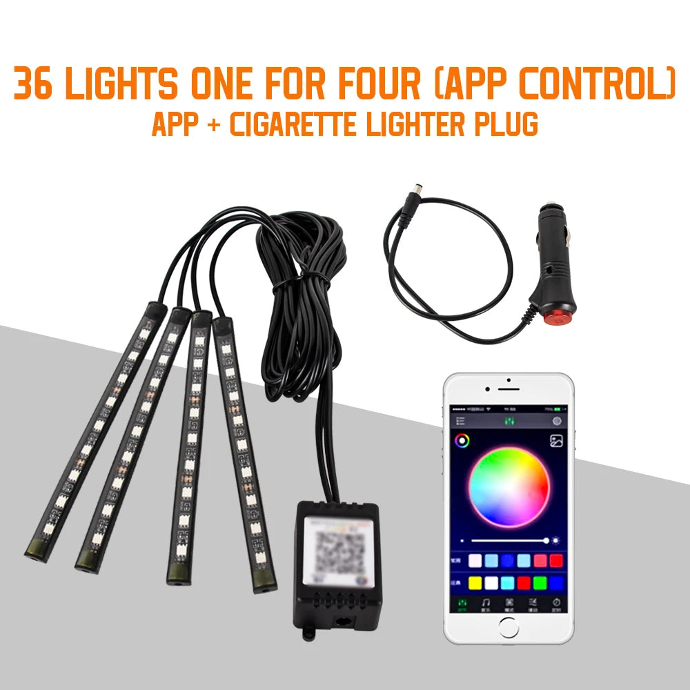 Neon LED Car Interior Ambient Foot Light Wireless Remote Music APP Control