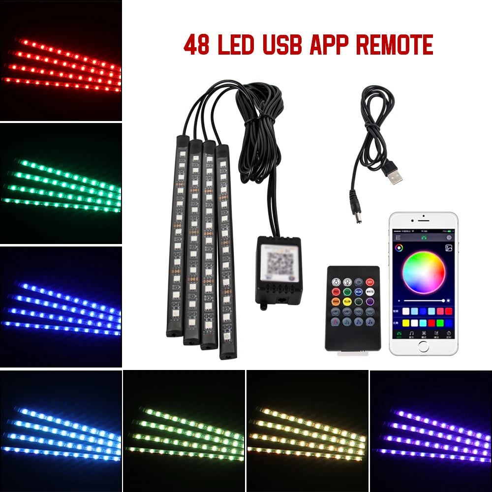 Neon LED Car Interior Ambient Foot Light Wireless Remote Music APP Control