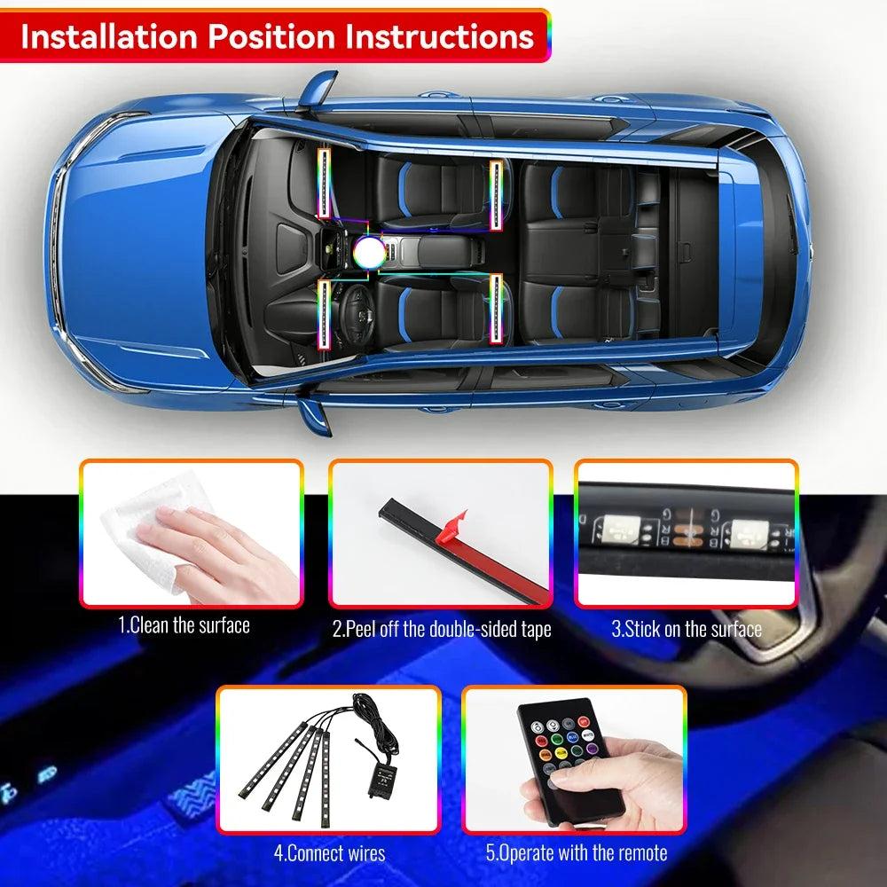 Neon LED Car Interior Ambient Foot Light Wireless Remote Music APP Control