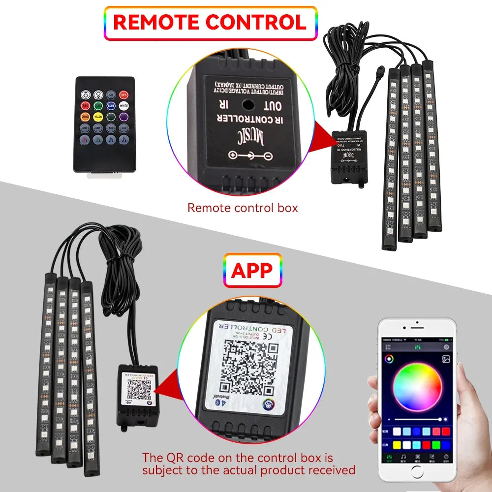 Neon LED Car Interior Ambient Foot Light Wireless Remote Music APP Control