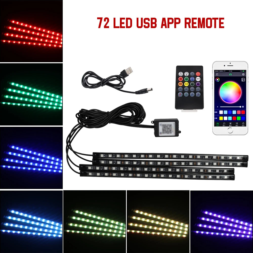 Neon LED Car Interior Ambient Foot Light Wireless Remote Music APP Control