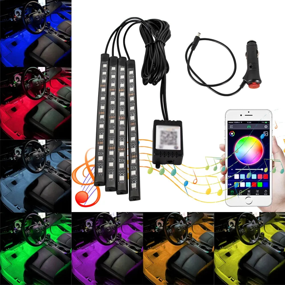 Neon LED Car Interior Ambient Foot Light Wireless Remote Music APP Control